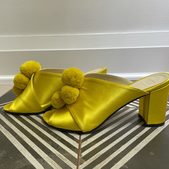 Trademark Yellow Satin Pom Pom Mules - Picture 2 of 7